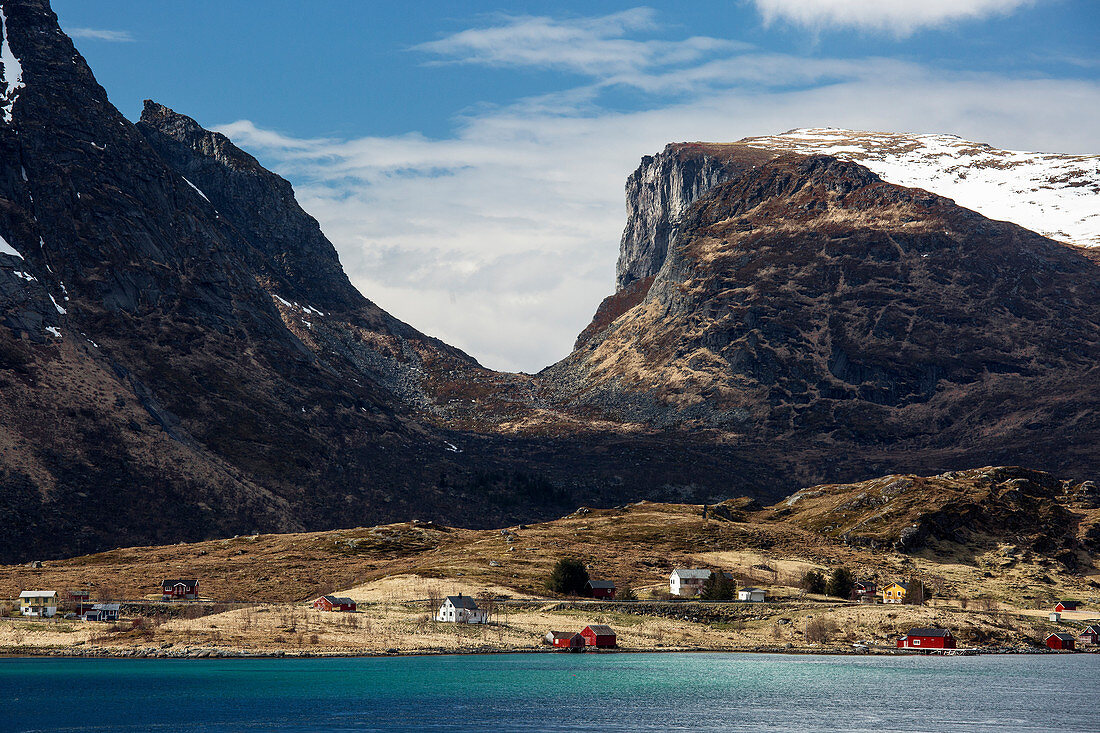 Mountains over remote seaside houses, Norway