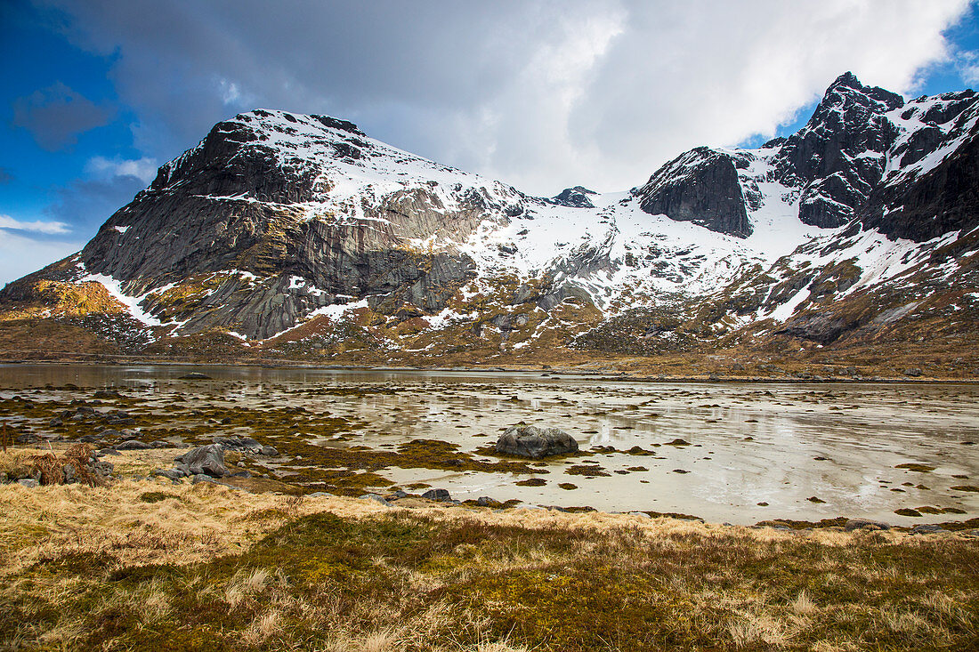 Snow on craggy, remote mountains, Norway