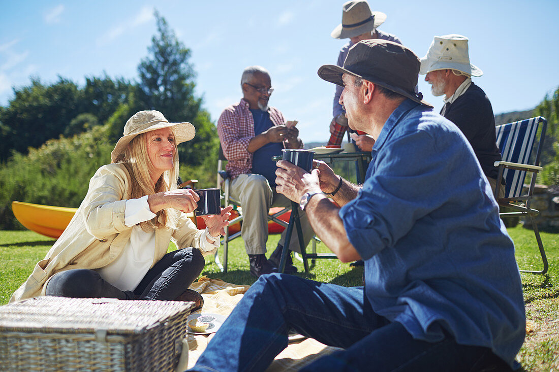 Active senior friends enjoying sunny summer picnic