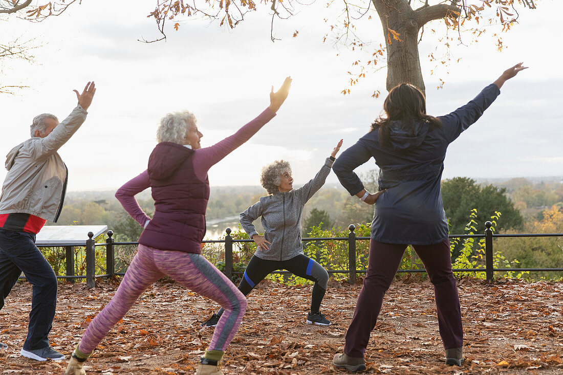 Active seniors practicing yoga in autumn park