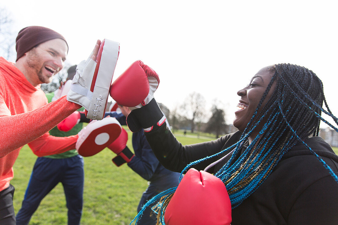 Enthusiastic friends boxing in park