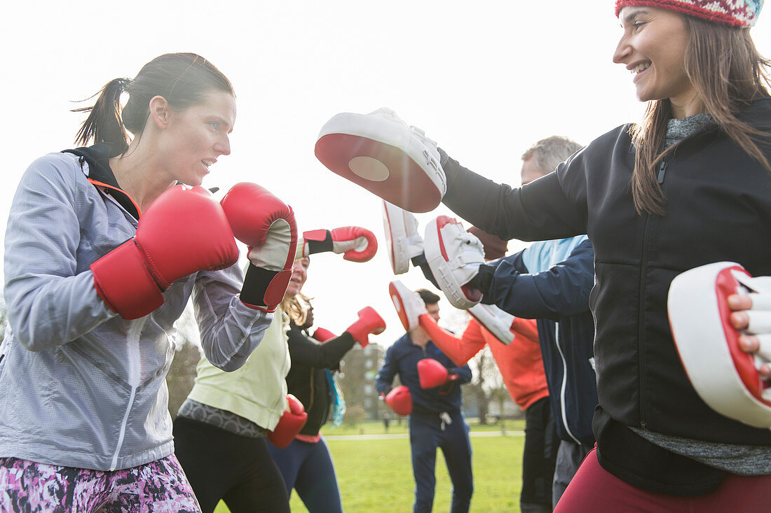 Determined women boxing in sunny park