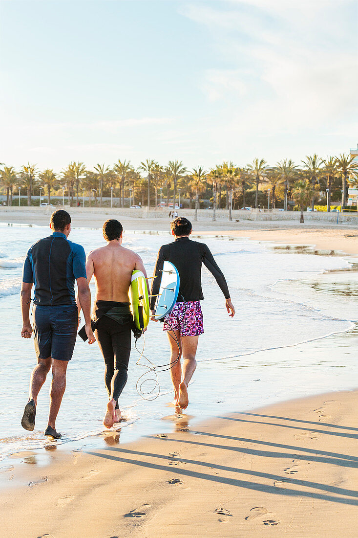 Male surfers walking with surfboards