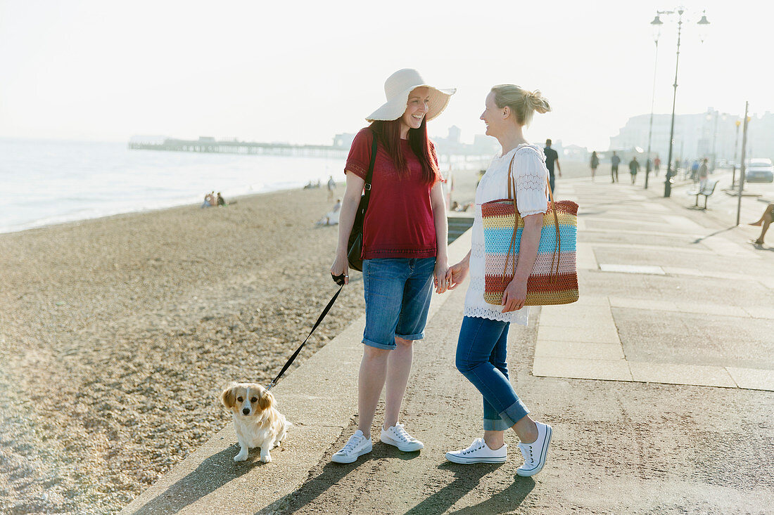 Lesbian couple with dog on beach boardwalk