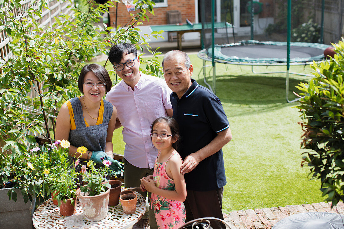 Family gardening, potting flowers