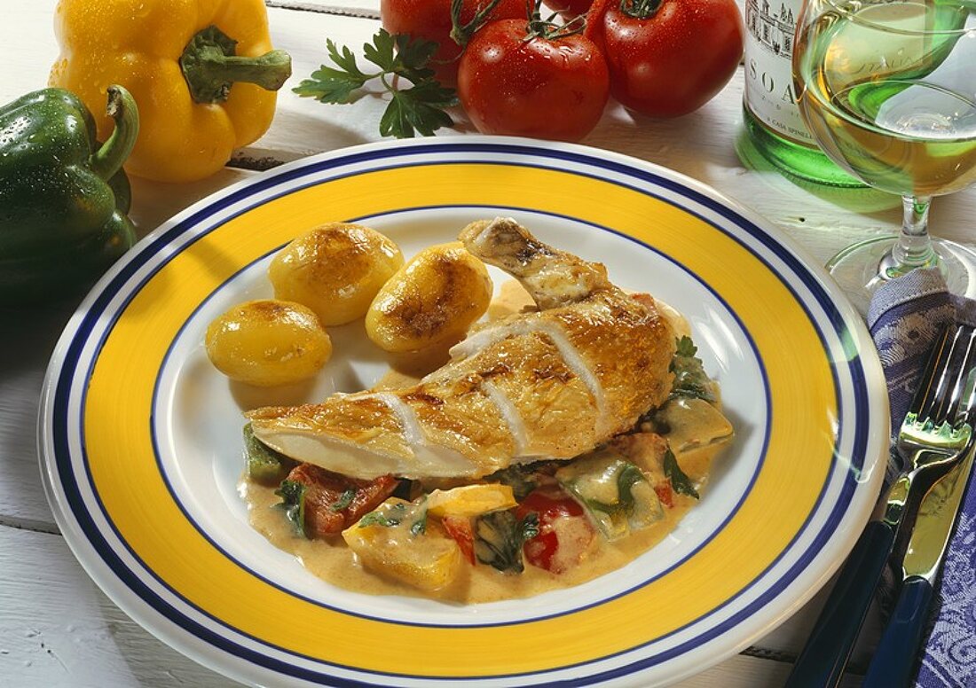 Chicken with peppers and buttered potatoes