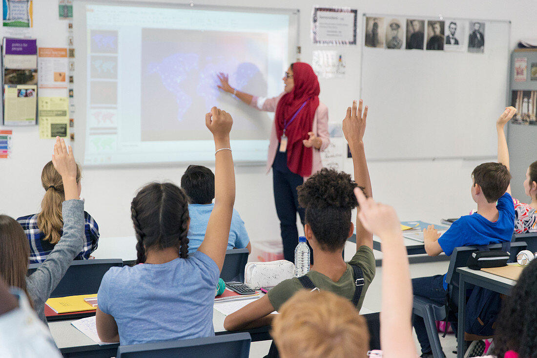 Female teacher in hijab teaching lesson at projection screen