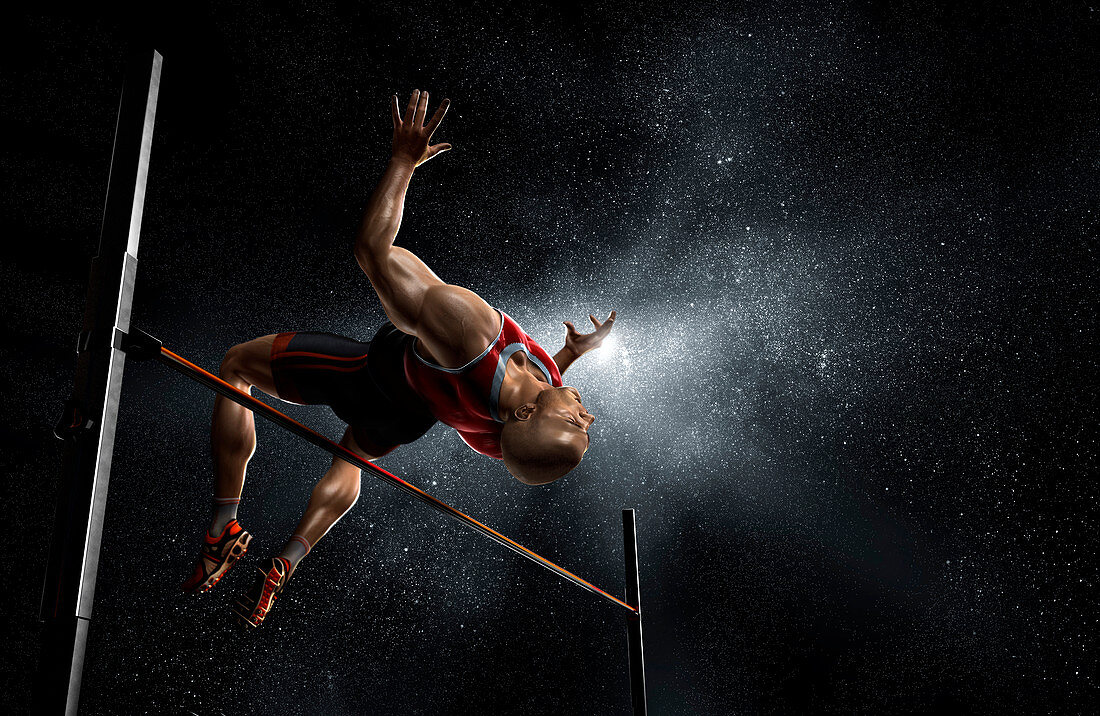 Male track and field athlete high jumping