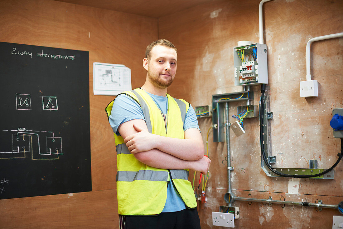 Portrait confident male electrician student