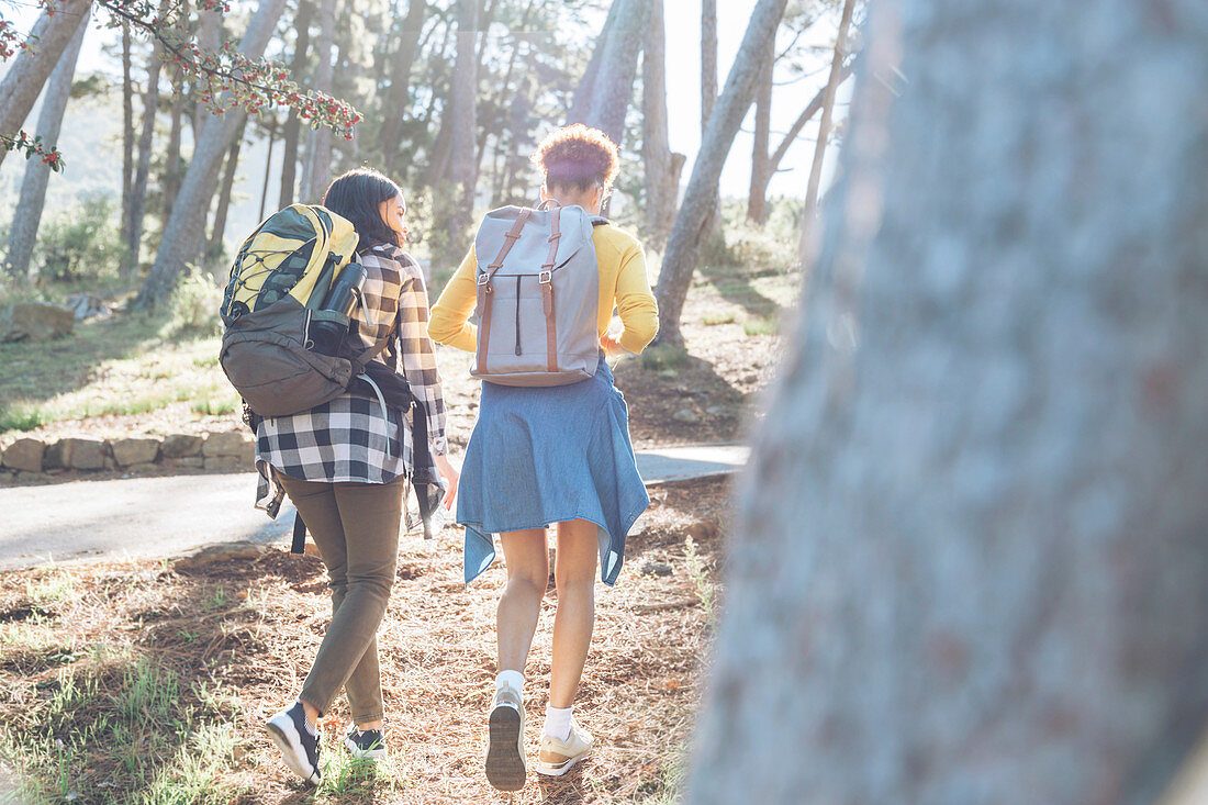 Young women friends with backpacks hiking