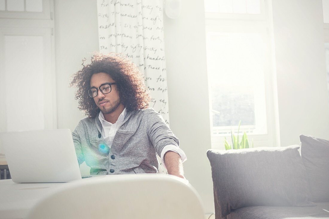 Young man working at laptop in sunny living room