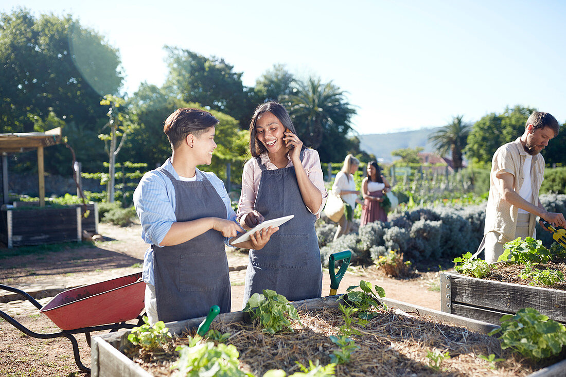 Women with digital tablet working at plant nursery