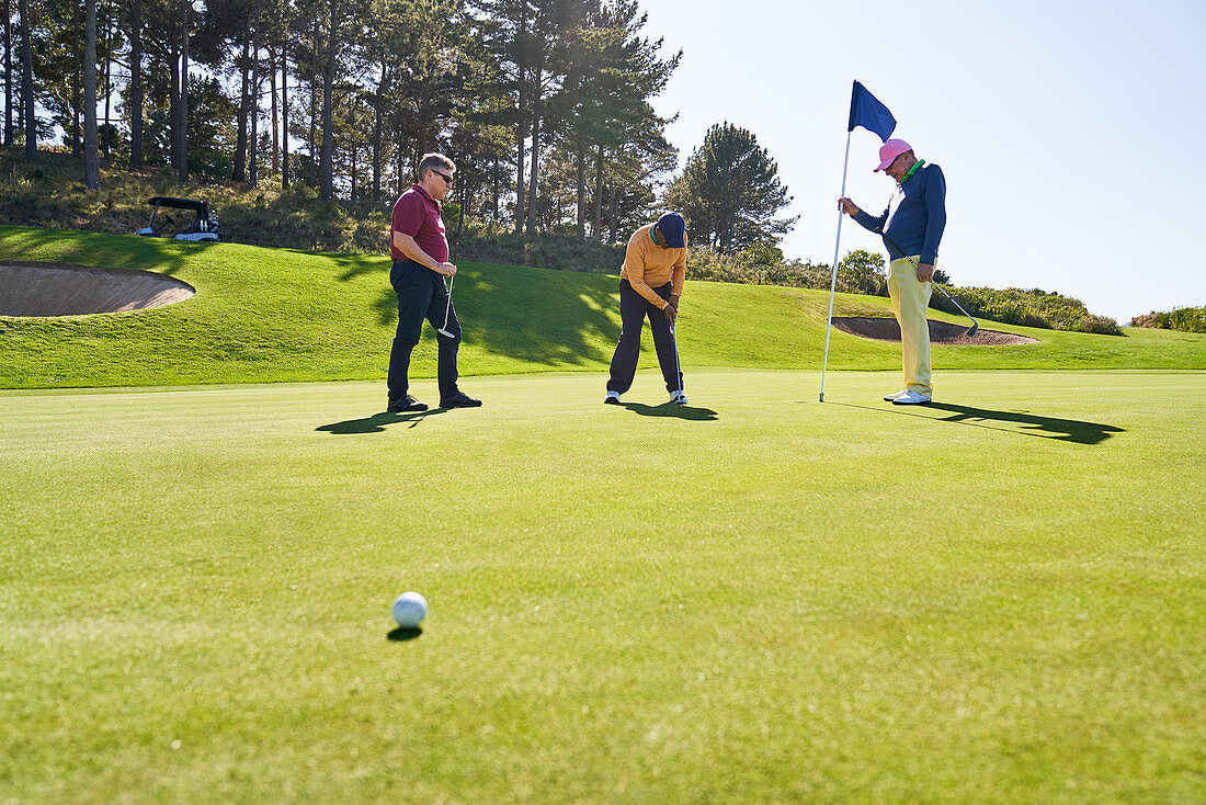 Male golfer friends putting at home on sunny golf course