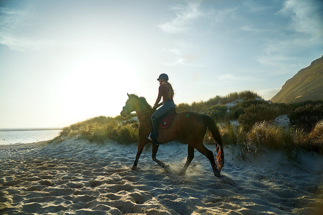 Young woman horseback riding on sunny tranquil beach