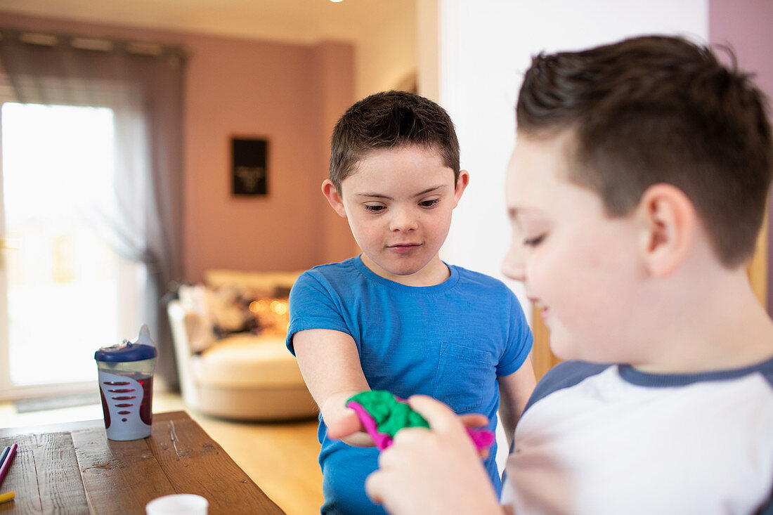 Boy with Down Syndrome and brother playing