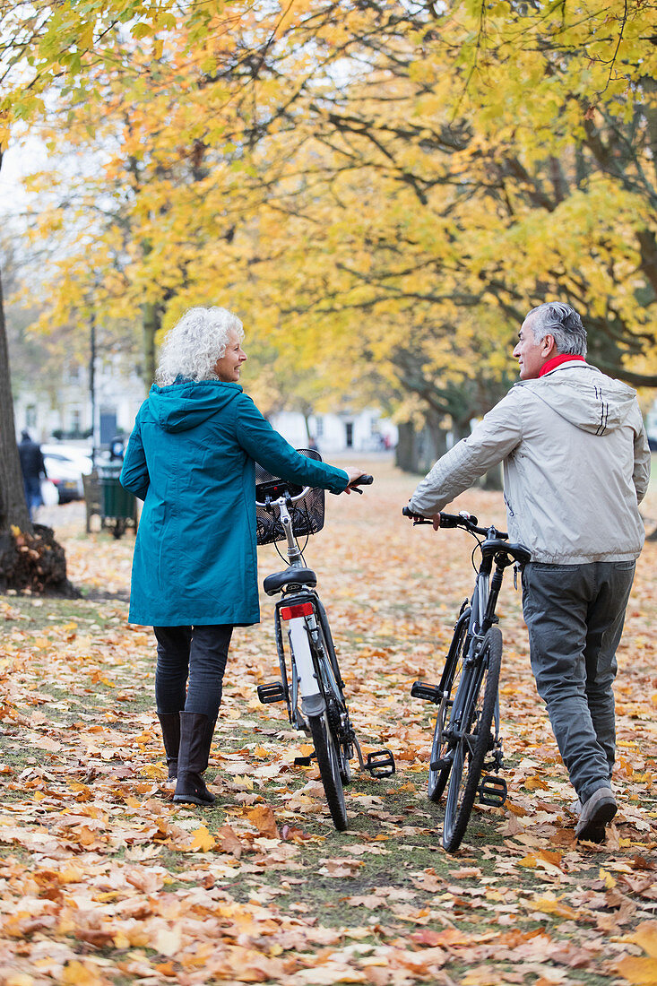 Senior couple walking bicycles among trees in autumn