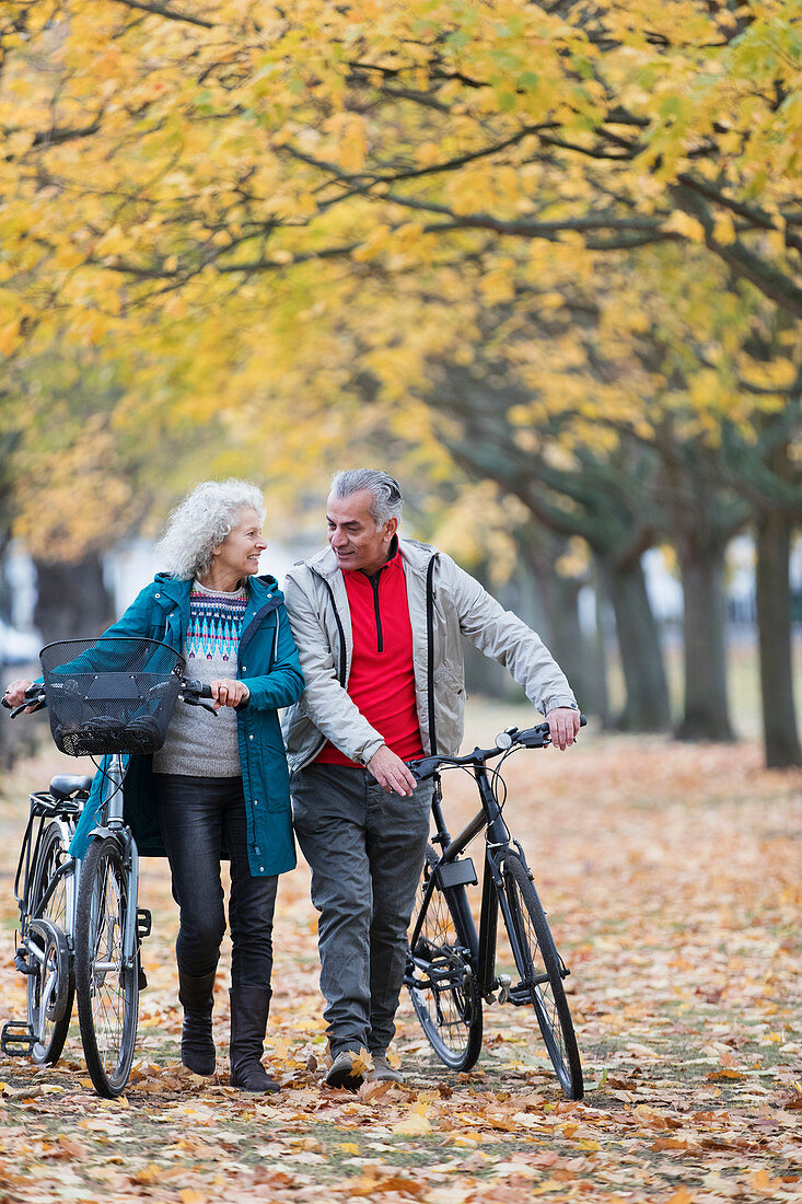 Senior couple walking bicycles among trees and leaves