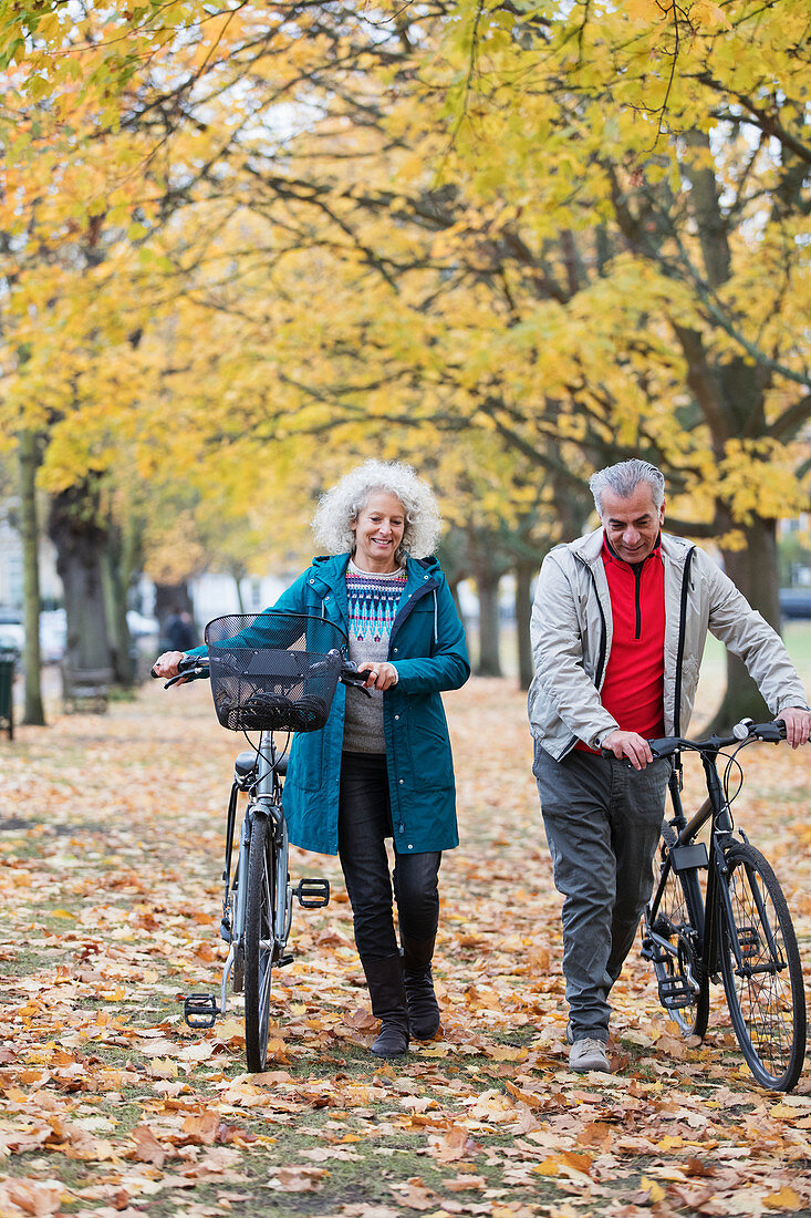 Senior couple walking bicycles among trees in autumn park