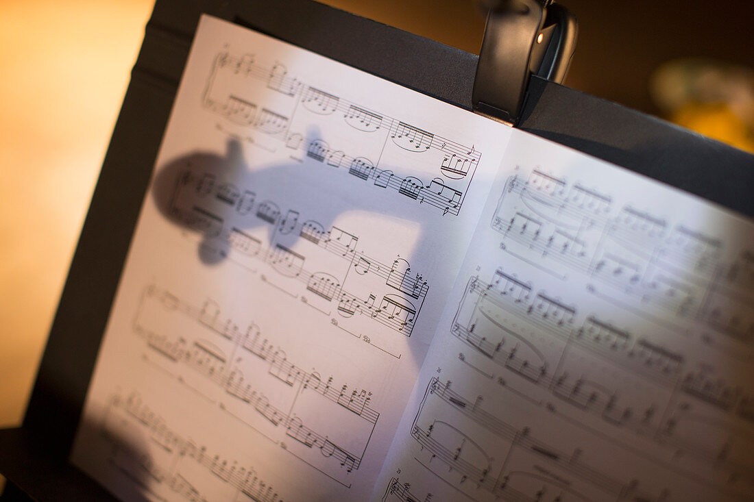 Reflection of violin on sheet music
