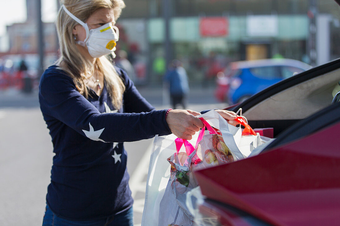 Woman in face mask loading groceries into car