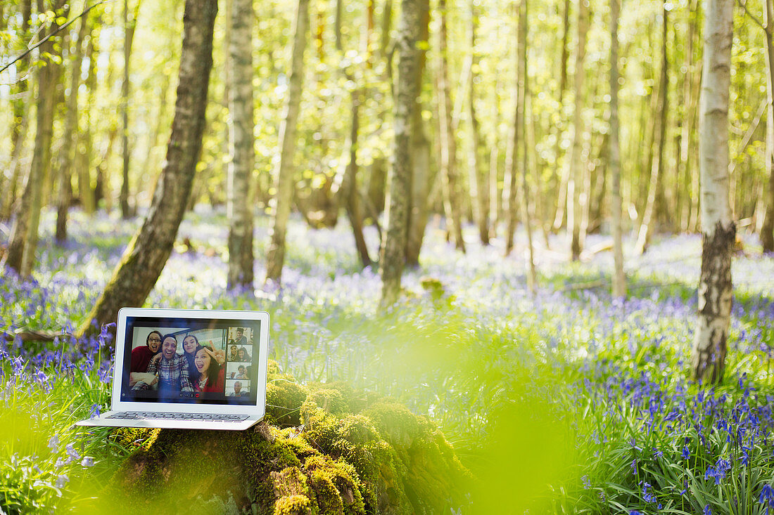 Friends video chatting on laptop screen in sunny woods