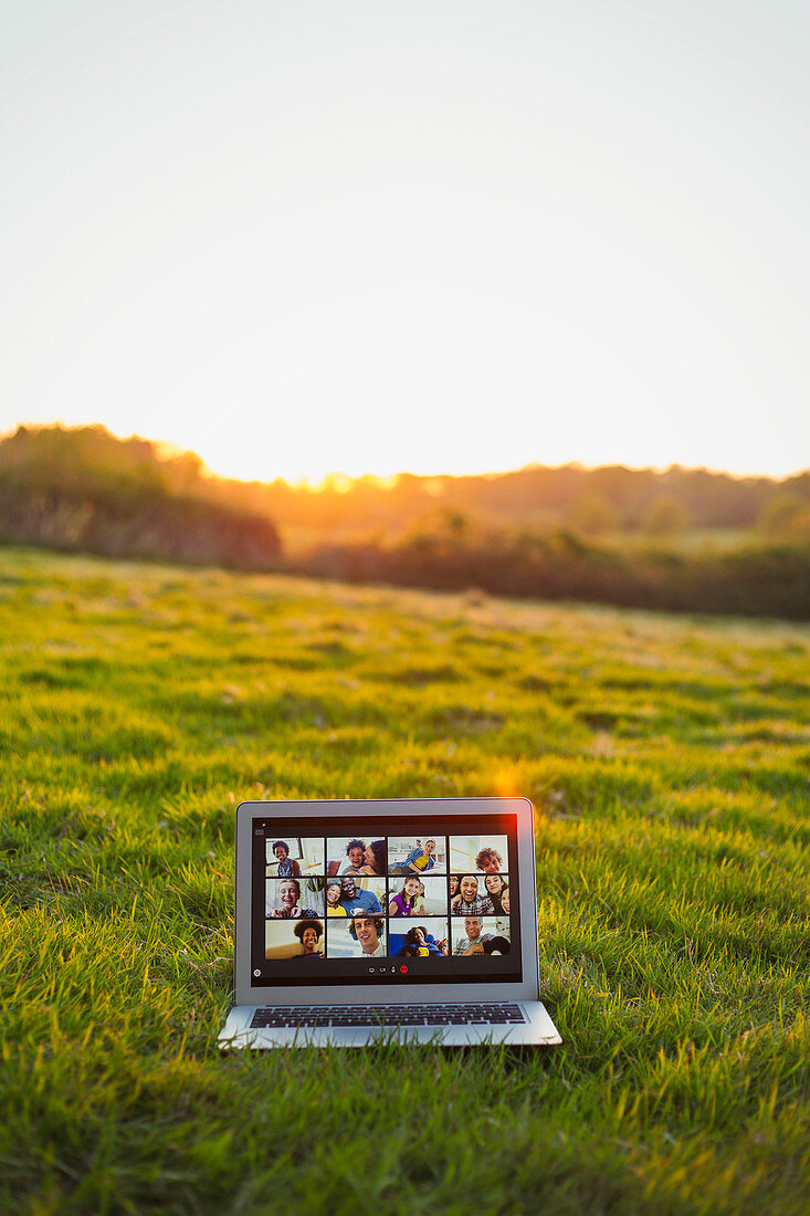 Friends video chatting on laptop screen in sunny grass field