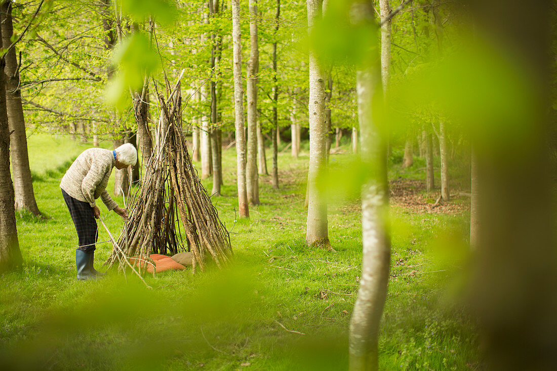 Senior woman making branch teepee in woodland