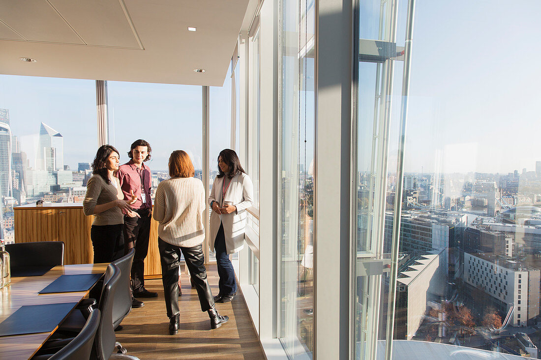 Business people talking at highrise office window