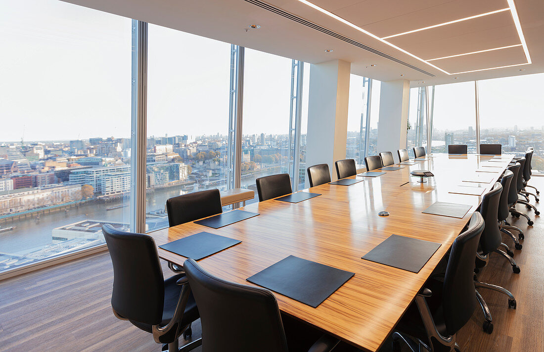 Long conference table in highrise office