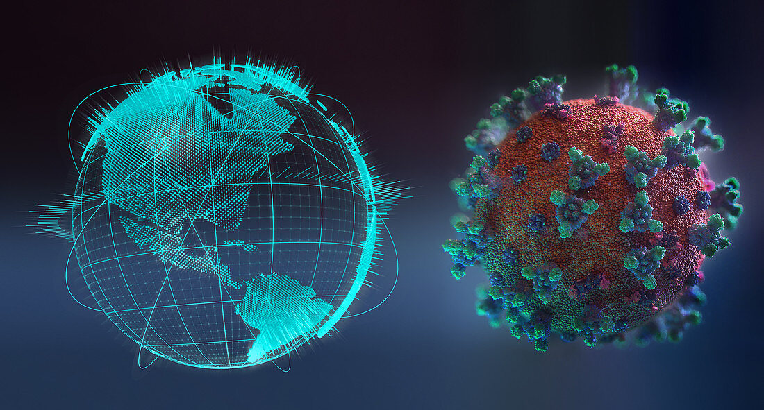 Pandemic outbreaks on globe next to coronavirus