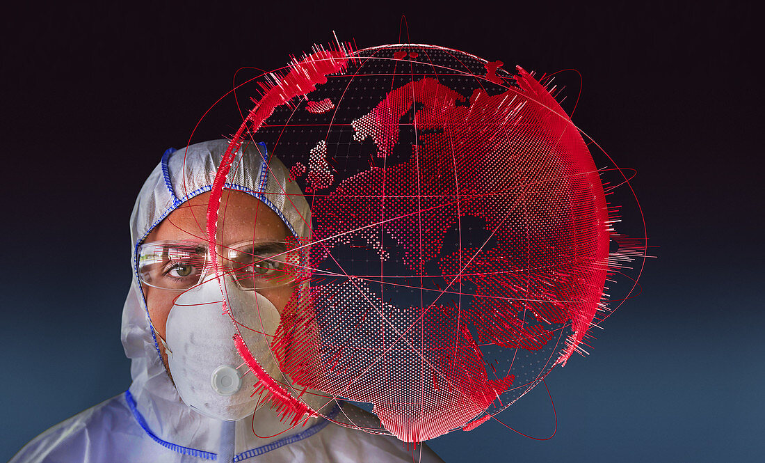 Scientist next to pandemic outbreak globe