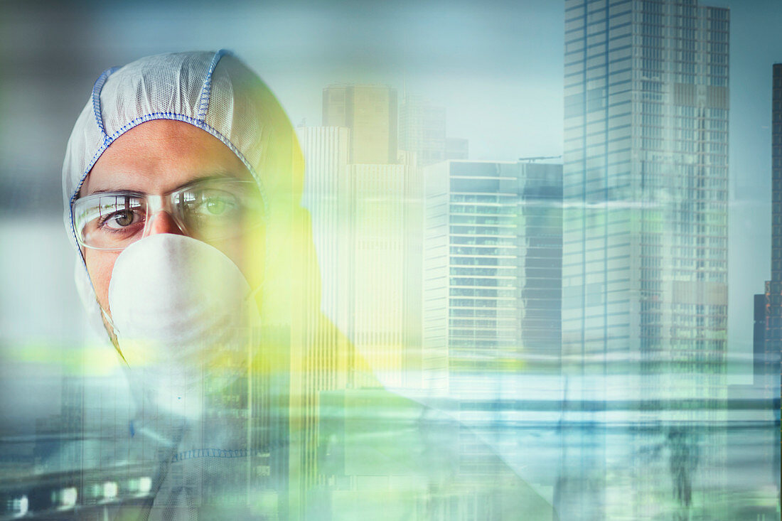 Portrait scientist in flu mask at city window