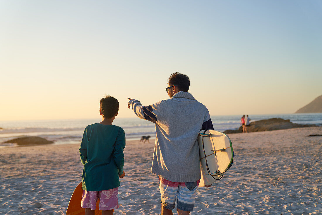 Father and son with surfboards on sunny beach