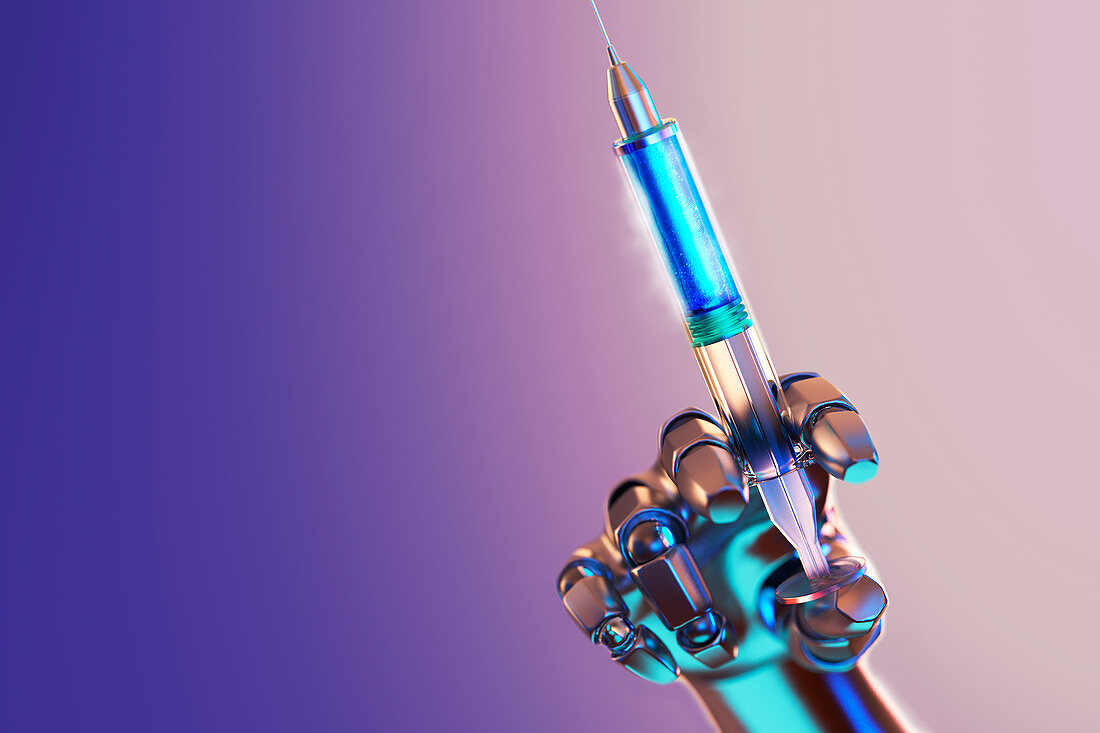 Robot hand holding COVID-19 vaccine syringe