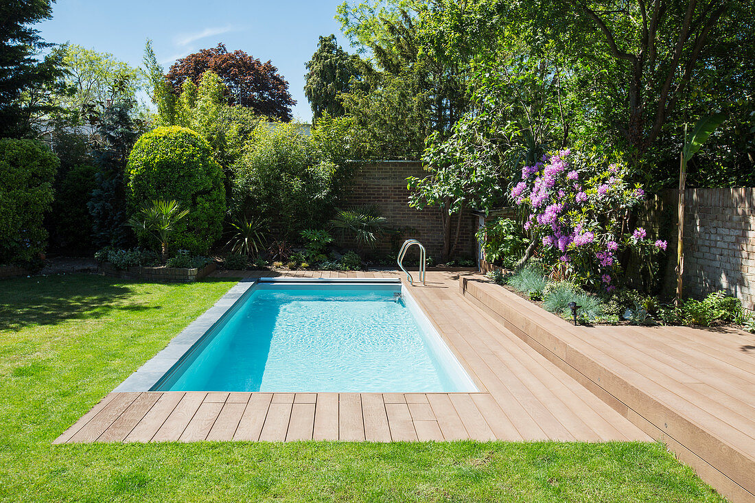 Sunny swimming pool and summer garden