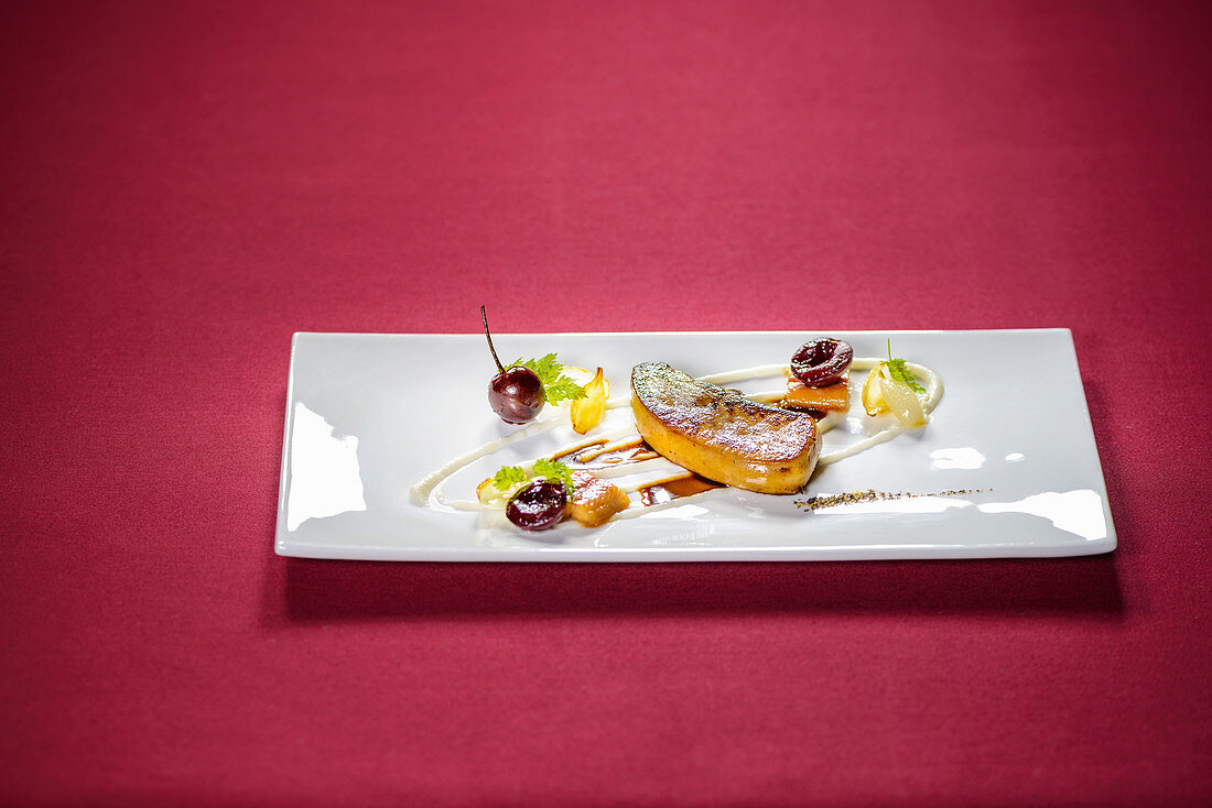 Fried duck foie gras with cherries