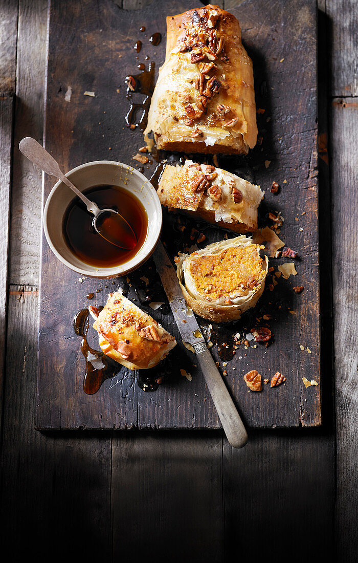 Pumpkin and pecan strudel