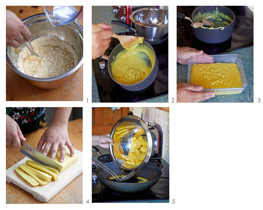 Preparing Burmese tofu fritters (tohu jaw)