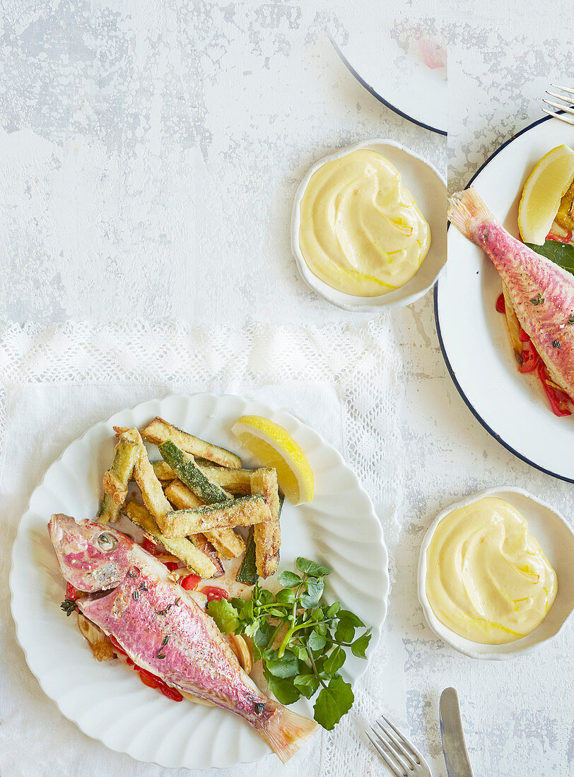 Roasted red mullet with courgette fries and saffron aioli