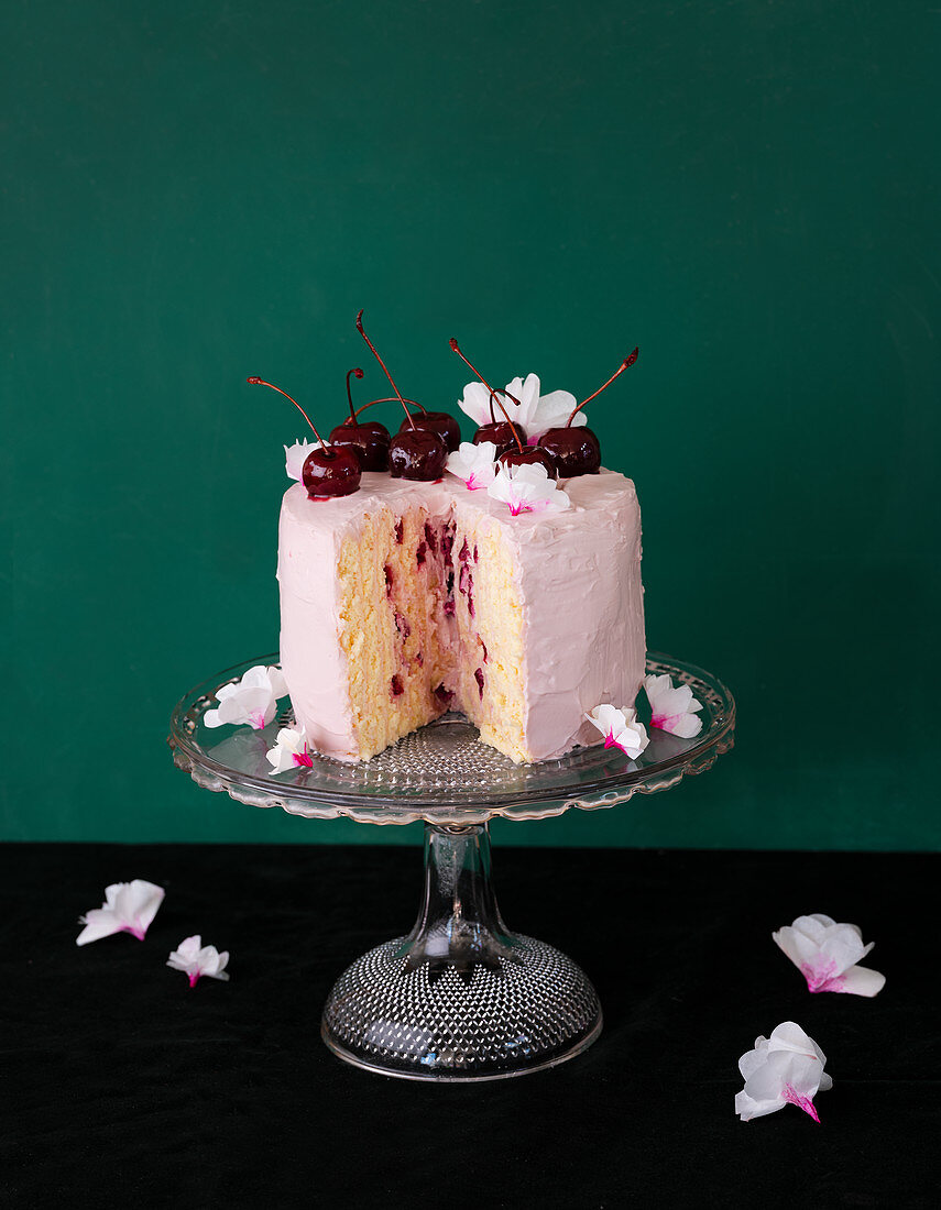 Sponge cake with quark and marcarpone cream and port wine cherries