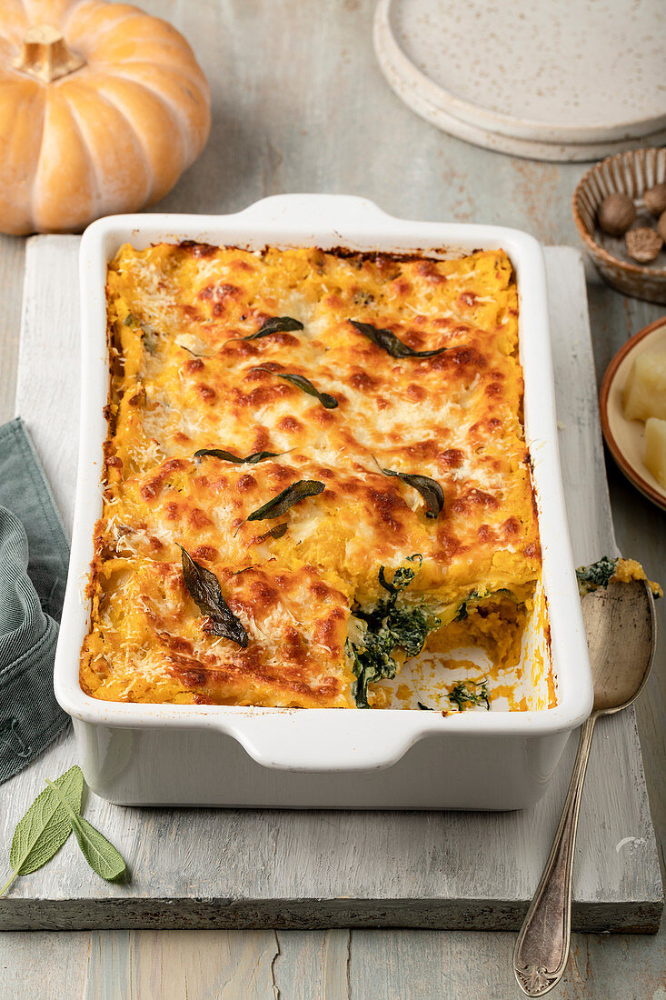 Kürbislasagne mit Ricotta, Spinat und Mozzarella