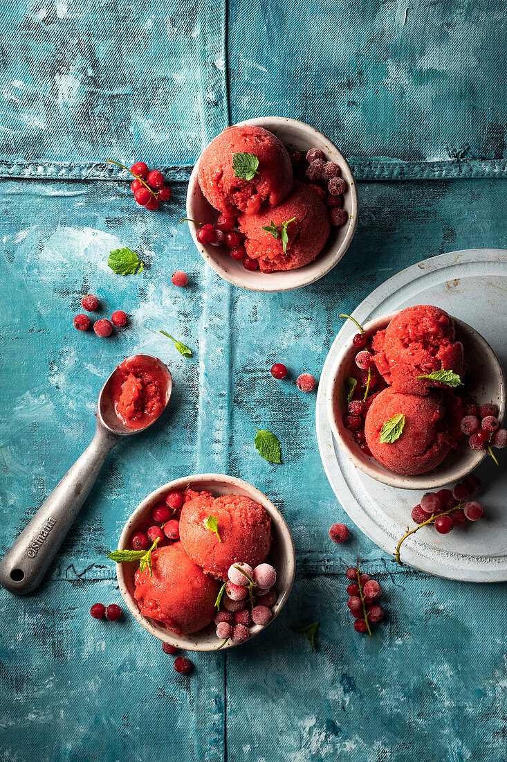 Strawberry and red currant sorbet with fresh mint