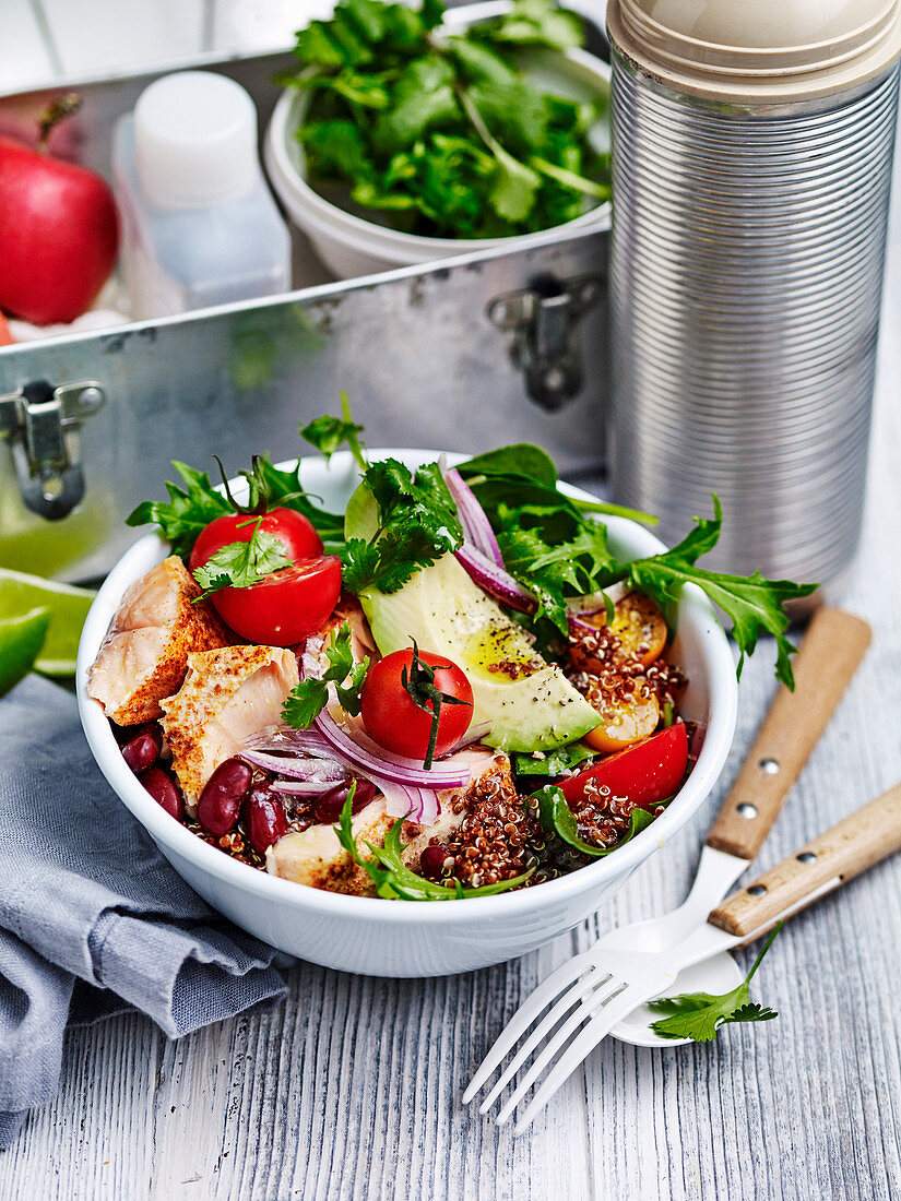 Spicy roast salmon burrito bowl 'to go'