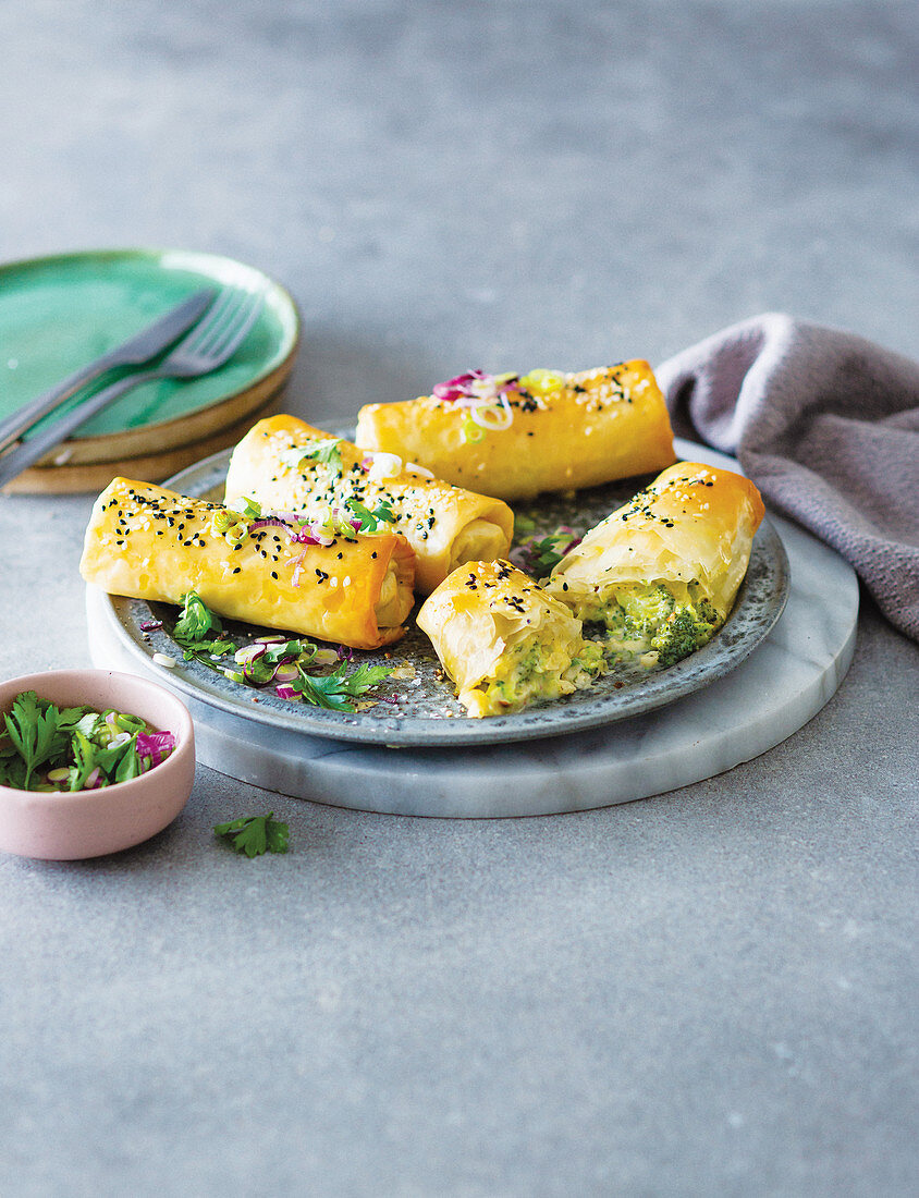 Cheesy broccoli phyllo roll-ups with feta