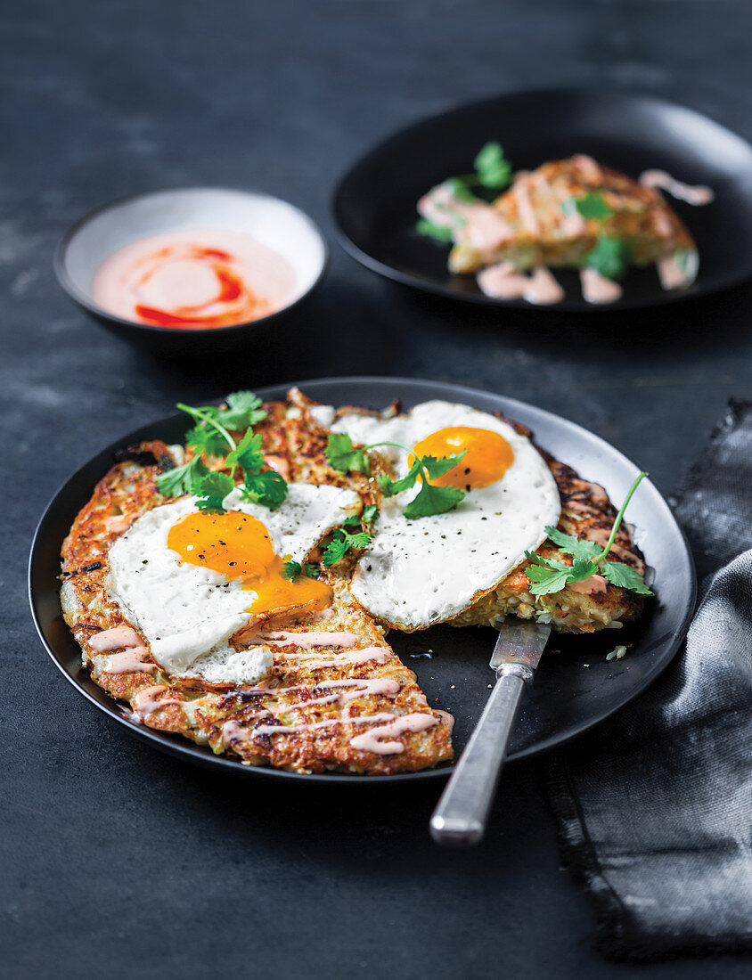 Cabbage cake with fried eggs