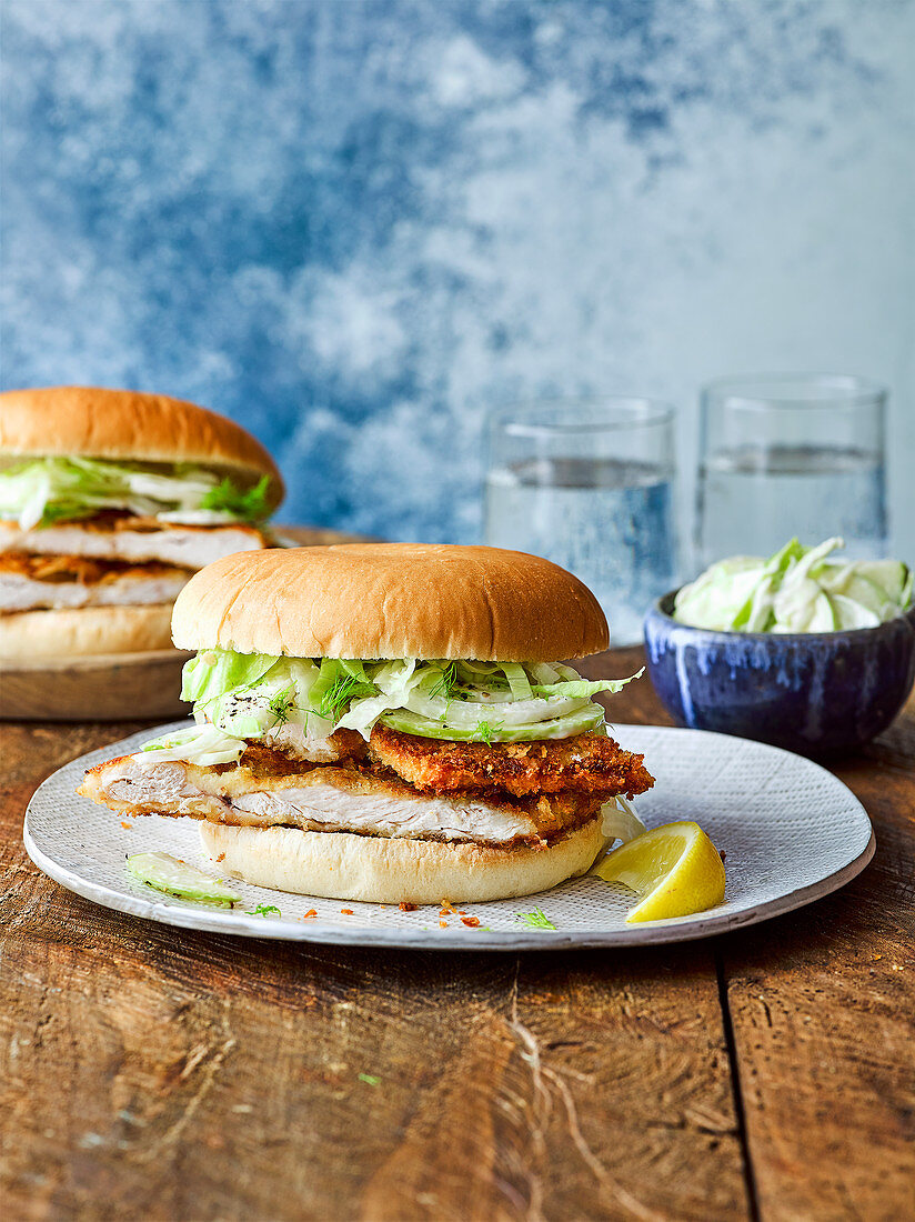 Chicken schnitzel burgers with apple and fennel slaw