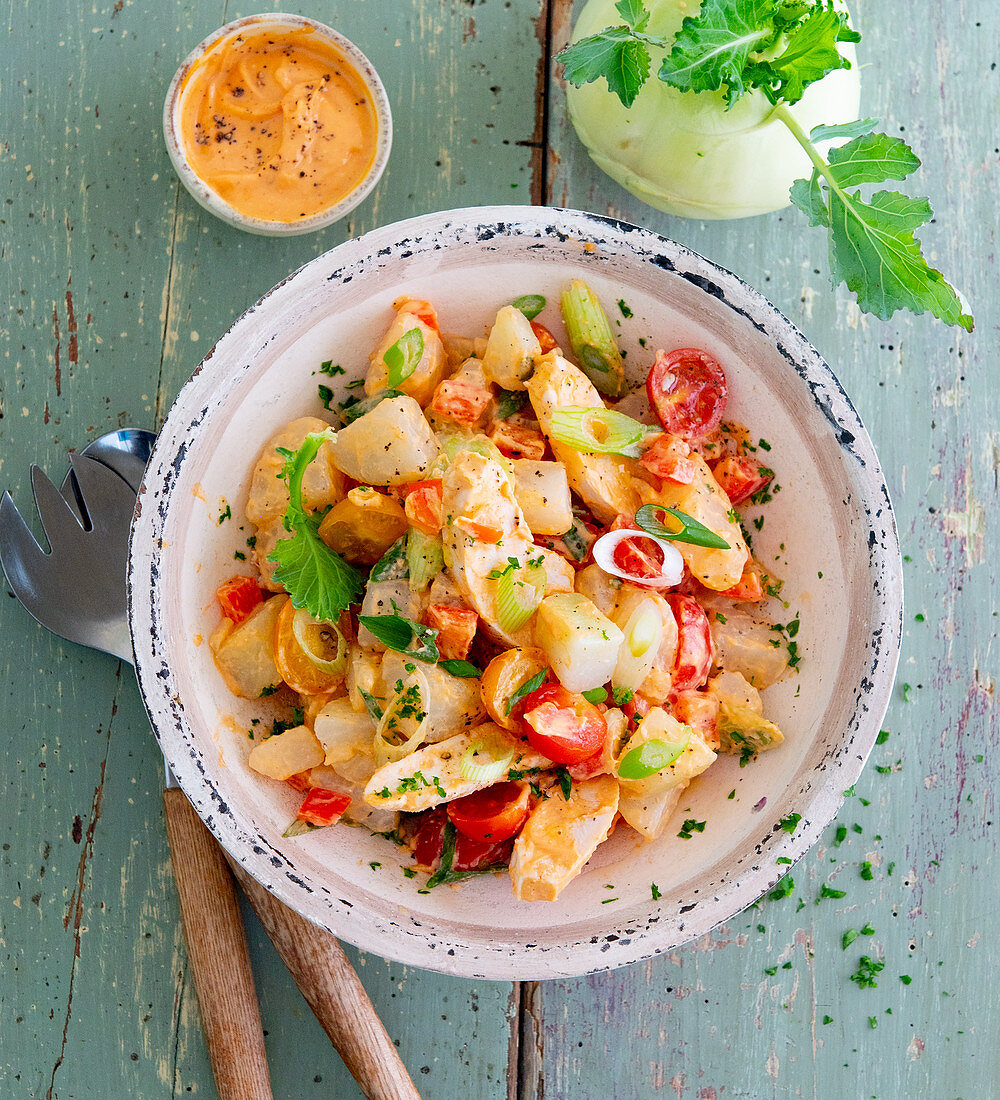 Kohlrabi-Tomatensalat mit Dip