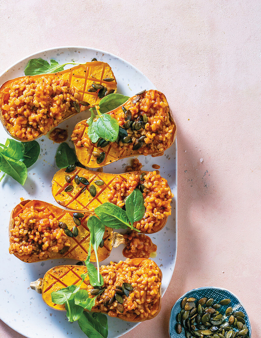 Roasted butternut with tomatoey barley