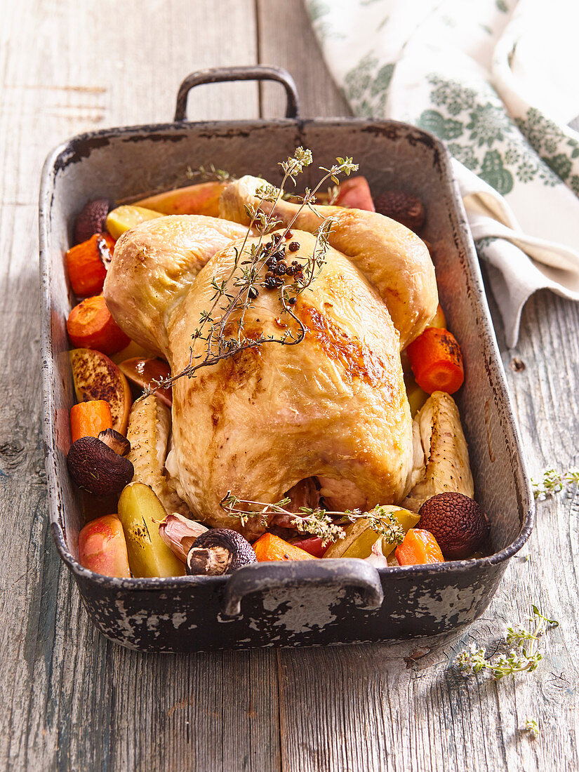 Baked chicken with mushrooms, apples and carrot