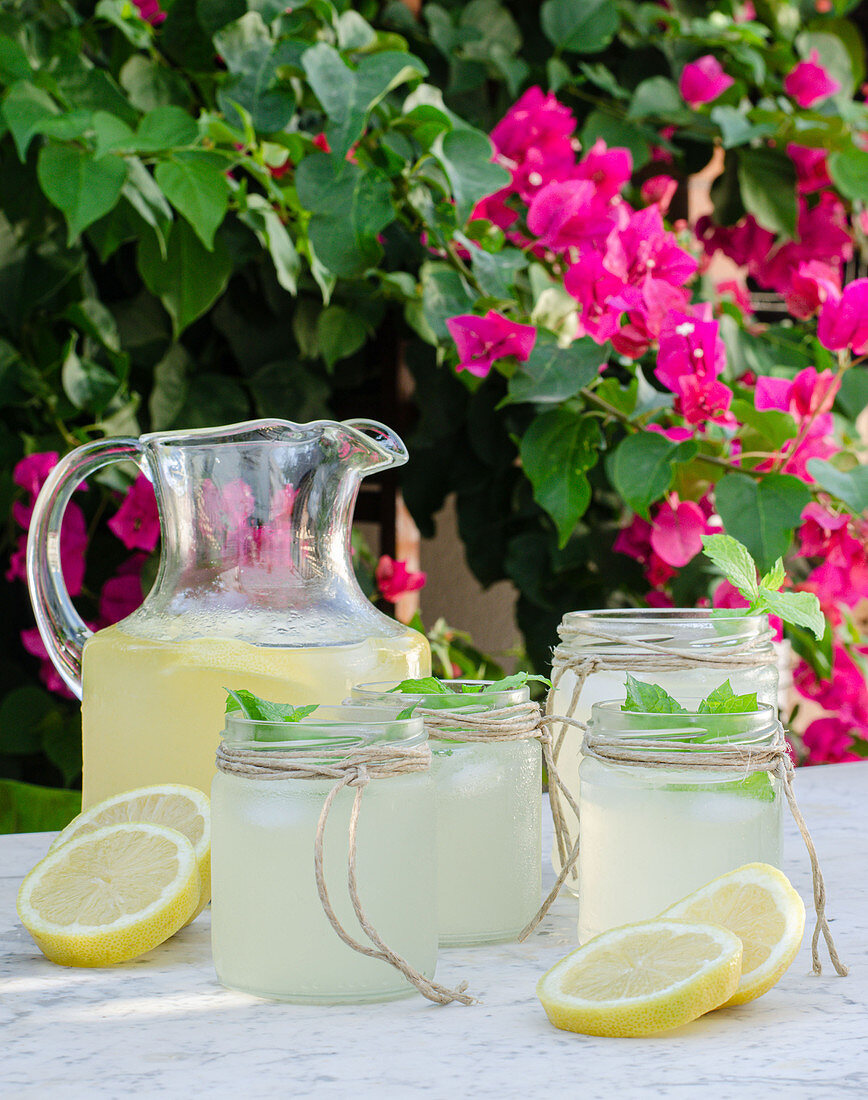 Glass jar with fresh cold lemonade placed on marble table with slices of lemon in summer garden with blooming plants in background